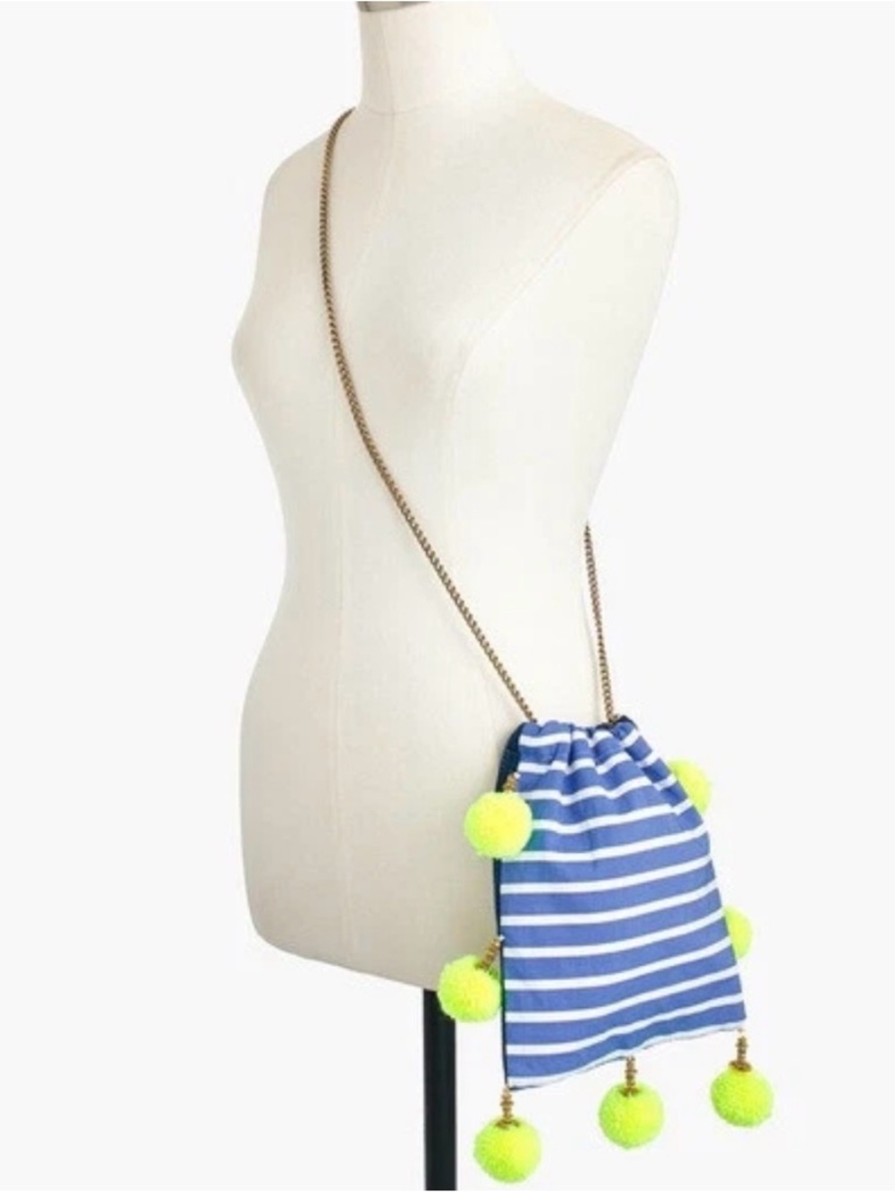 J. Crew GAIA Blue & White Striped Crossbody Bag with Neon Yellow Pom Poms
